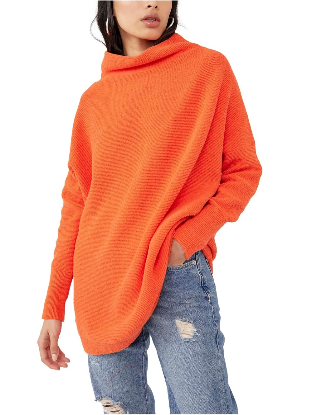 FREE PEOPLE Ottoman Tunic Sweater Slouchy Audacious Orange Relaxed Fit Fall L